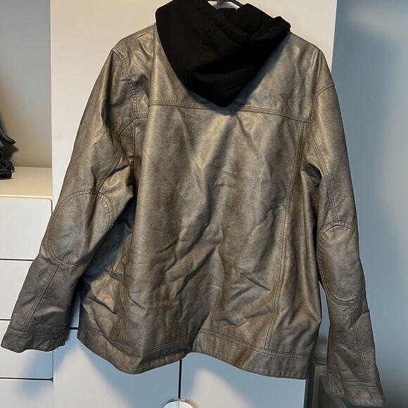 Calvin Klein Grey faux leather Moto jacket with sweater hood - Picture 3 of 6
